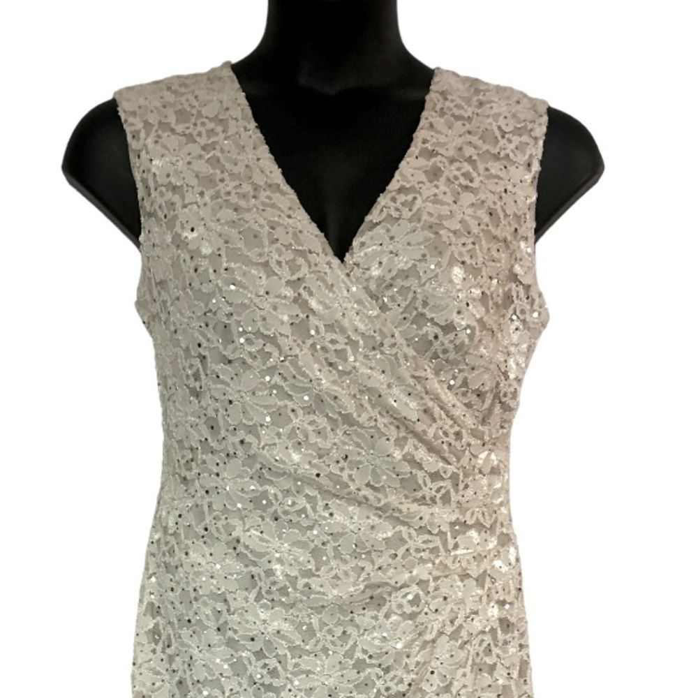 Connected Lace Sequin Side Pleat Ivory Knee Length Sheath Night Out Party Dress - Picture 9 of 16